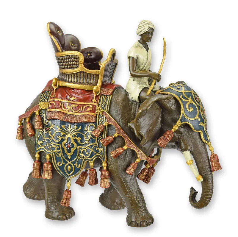 Beschilderd bronzen beeld olifant met ruiter en zadel 23 cm - ND-8