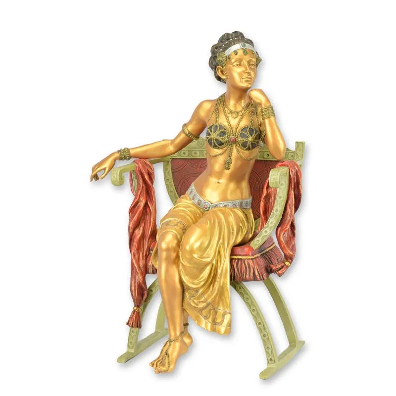 Beschilderd bronzen beeld zittende buikdanseres op stoel 47 cm - ND-9