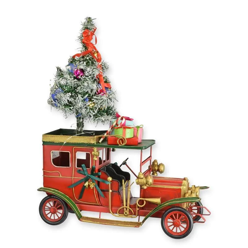Blikken kerstauto rood met kerstboom en cadeautjes 46,6 cm - DSBL-317