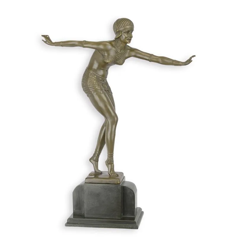 Bronzen art-decobeeld dansende vrouw op marmeren sokkel 48 cm - DC-30
