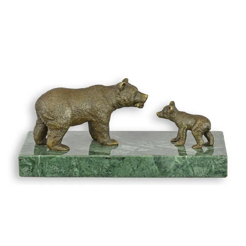 Bronzen beeld beer met welp op groen marmer 18 cm - SL-115