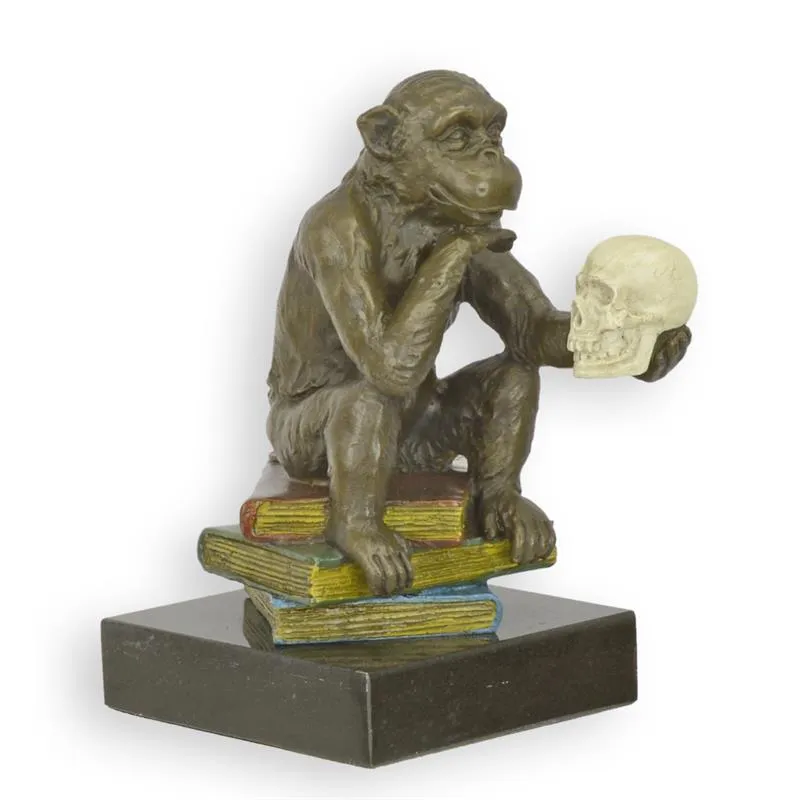 Bronzen beeld Darwin-aap met schedel op boeken 14,3 cm - BG-48