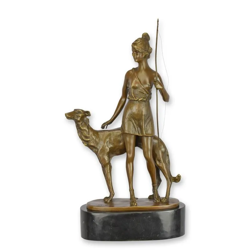 Bronzen beeld Diana met jachthond en boog op marmer 45 cm - VG-40