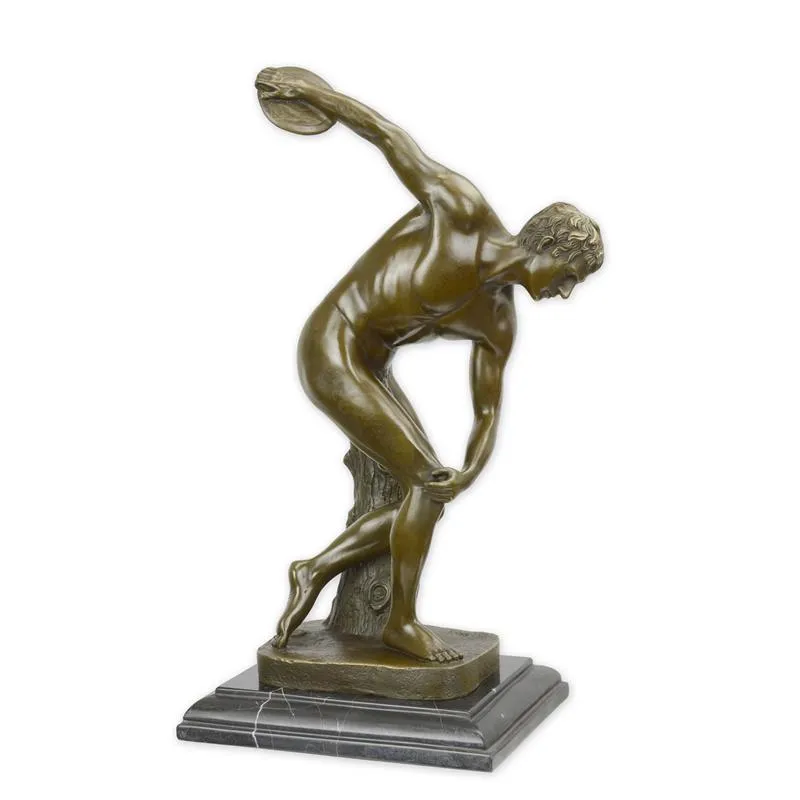 Bronzen beeld discuswerper naar Myron op marmeren sokkel 38 cm - VG-46