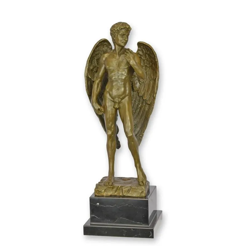 Bronzen beeld gevleugelde David op zwart marmer 39 cm - UP-34
