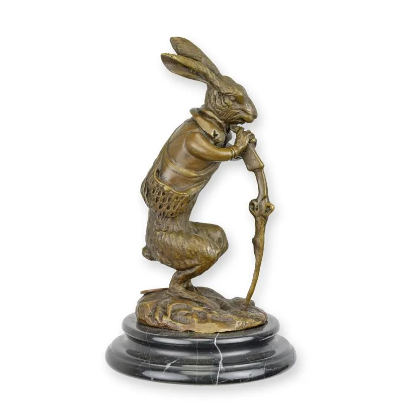Bronzen beeld haas als jager met stok op marmer 15 cm - BX-67