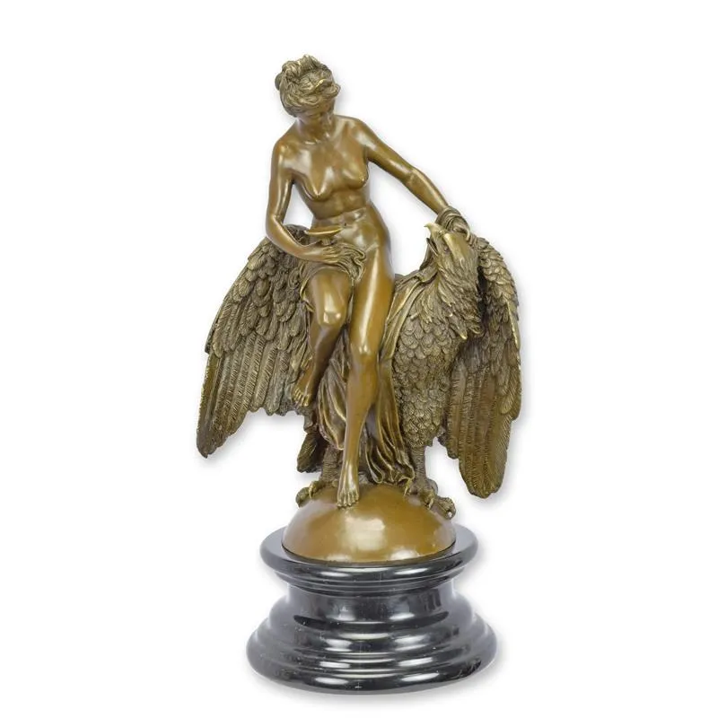 Bronzen beeld Hebe met adelaar op ronde marmeren sokkel 50 cm - VG-94