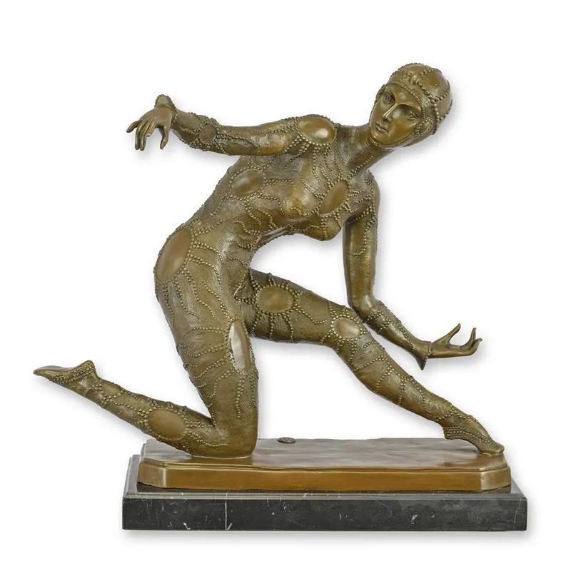 Bronzen beeld knielende danseres in zeesterkostuum op marmer 38 cm - DC-50