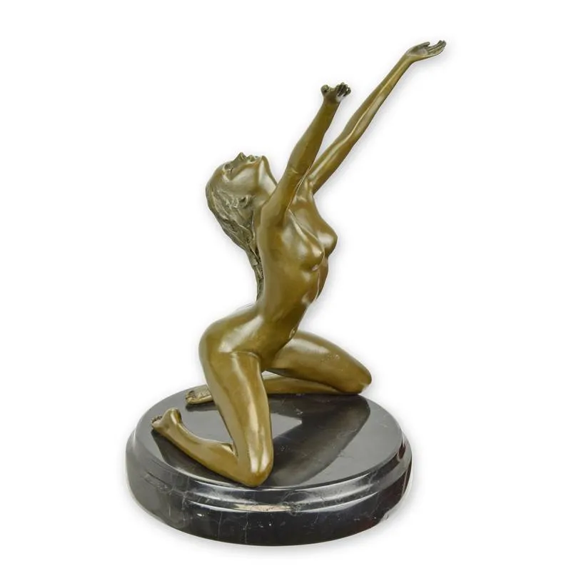 Bronzen beeld knielende naakte vrouw met geheven armen 24,5 cm - FA-39