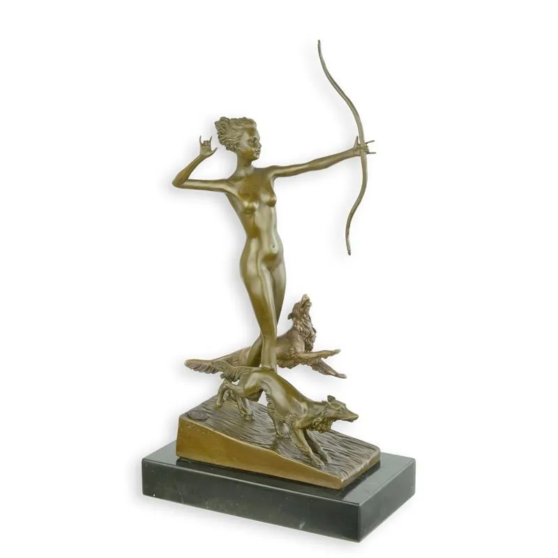 Bronzen beeld Last Arrow jageres met boog en honden 34,5 cm - XT-92