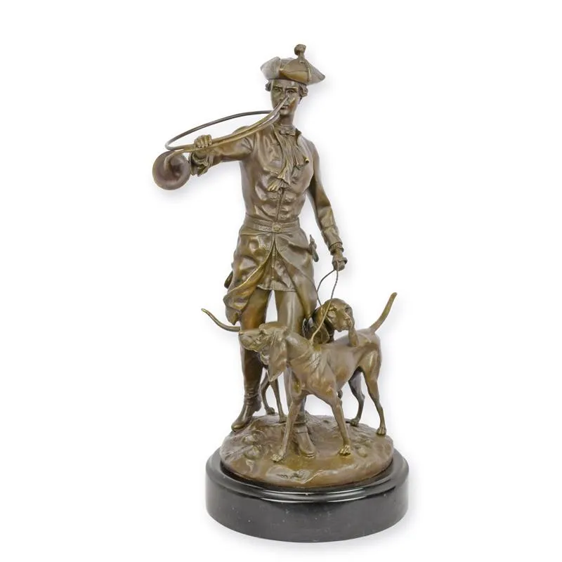 Bronzen beeld Lodewijk XV met jachthonden op marmeren sokkel 38 cm - BX-57