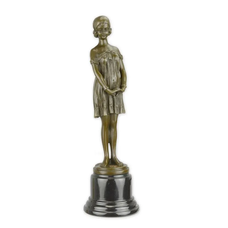 Bronzen beeld meisje in nachtjapon op marmeren sokkel 35 cm - DC-5