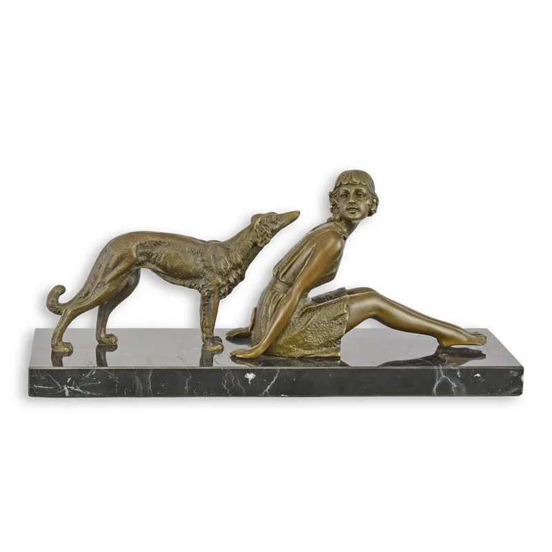 Bronzen beeld meisje met barzoi op zwart marmer 29 cm - DC-49