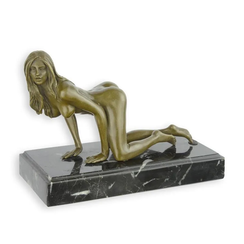 Bronzen beeld naakte vrouw op handen en knieën 16 cm - EC-24
