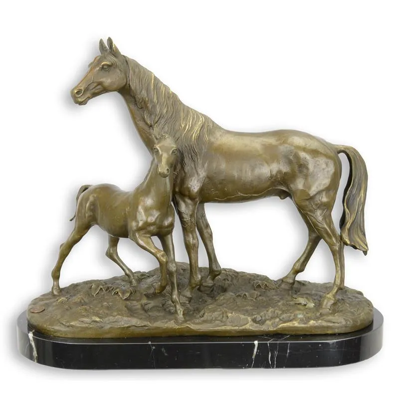 Bronzen beeld paard met veulen op marmeren voet 34 cm - KF-12