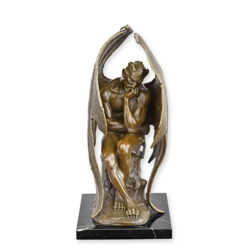 Bronzen beeld peinzende Satan met vleugels op marmer 30 cm - BX-64