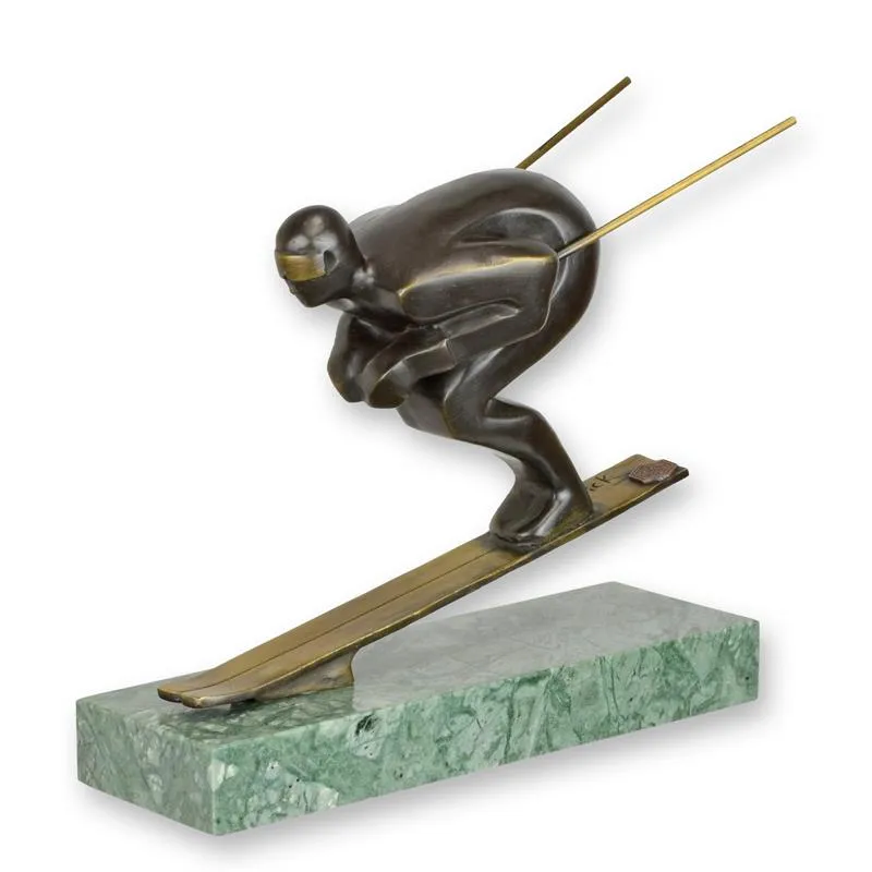 Bronzen beeld skiër in art-decostijl op groen marmer 19,7 cm - FA-96