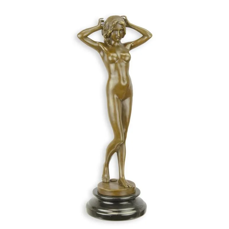 Bronzen beeld staande vrouw First Shiver op marmer 38,1 cm - BX-4