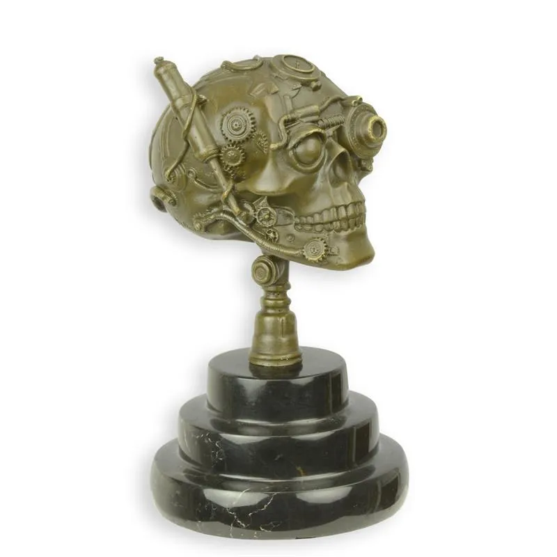 Bronzen beeld steampunk schedel op marmeren voet 19 cm - BX-15
