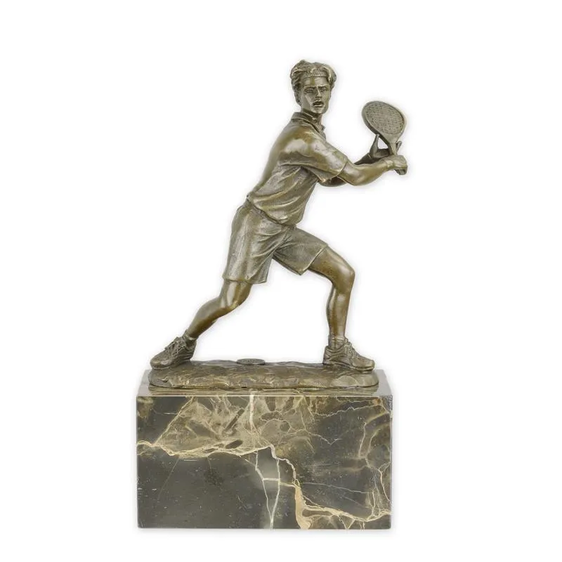 Bronzen beeld tennisser met racket op marmeren blok 23,8 cm - DSSL-25