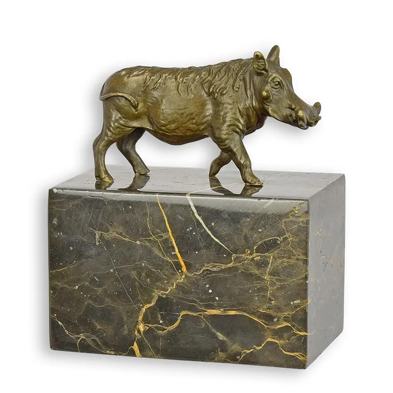Bronzen beeld wrattenzwijn op zwart marmeren blok 15 cm - SL-113