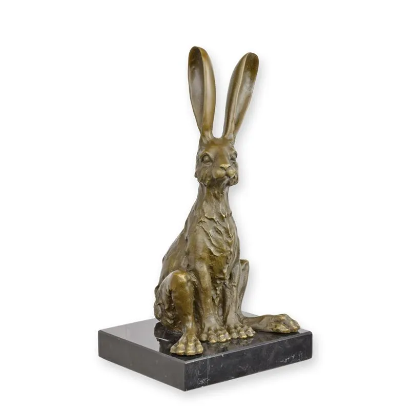 Bronzen beeld zittende haas op marmeren sokkel 21 cm - BX-59