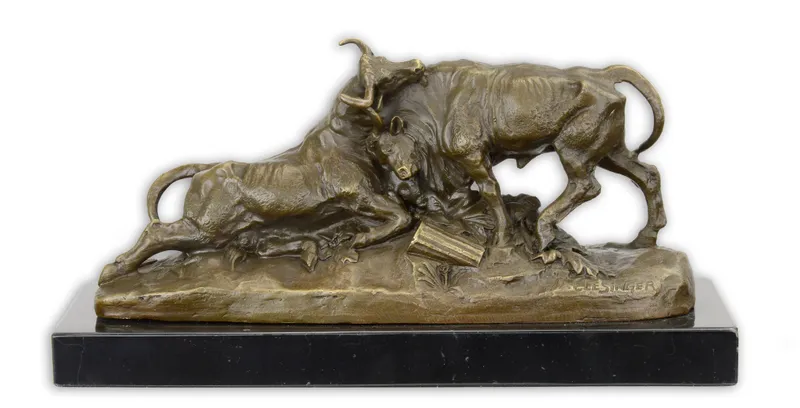 Bronzen beeldengroep twee vechtende stieren op marmer 24,5 cm - BX-34