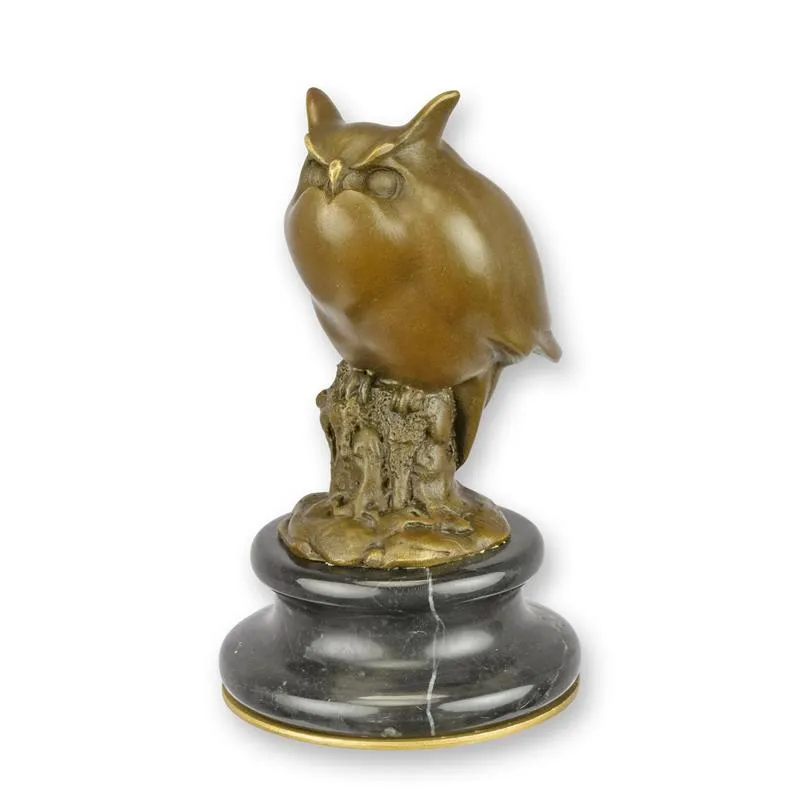 Bronzen beeldje uil op boomstronk met marmeren voet 12,8 cm - BM-4
