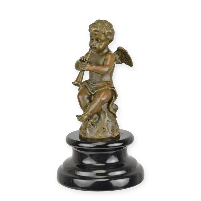 Bronzen engeltje met trompet op zwarte marmeren sokkel 18 cm - BF-3