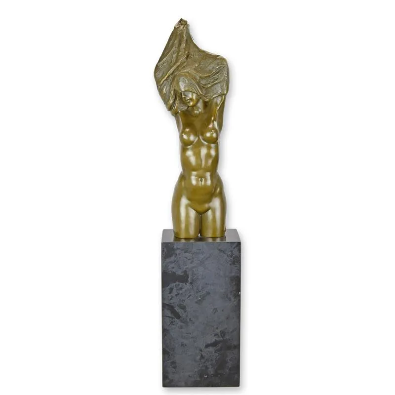Bronzen torso naakte vrouw met doek op marmeren zuil 61 cm - FA-42