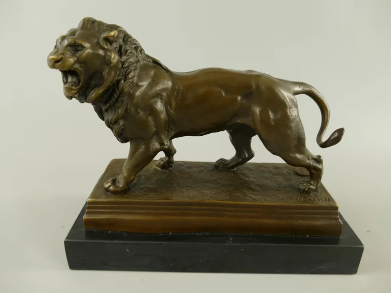 Bronzen beeld brullende leeuw op marmeren voet 25 cm - 102.733