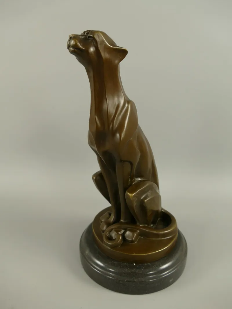 Bronzen beeld zittend luipaard art deco op marmeren sokkel 30 cm - 102.775