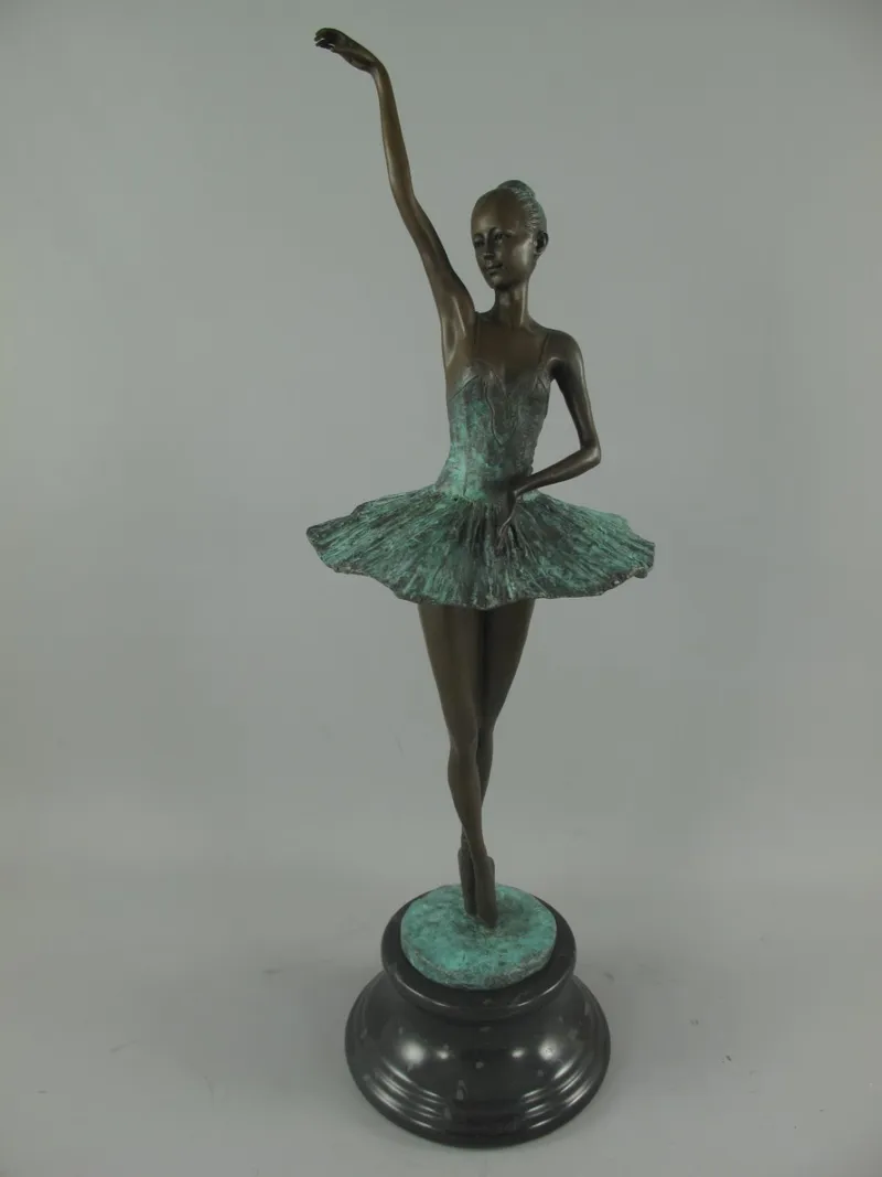 Bronzen beeld ballerina met groene tutu op marmeren voet 69 cm - 122.635