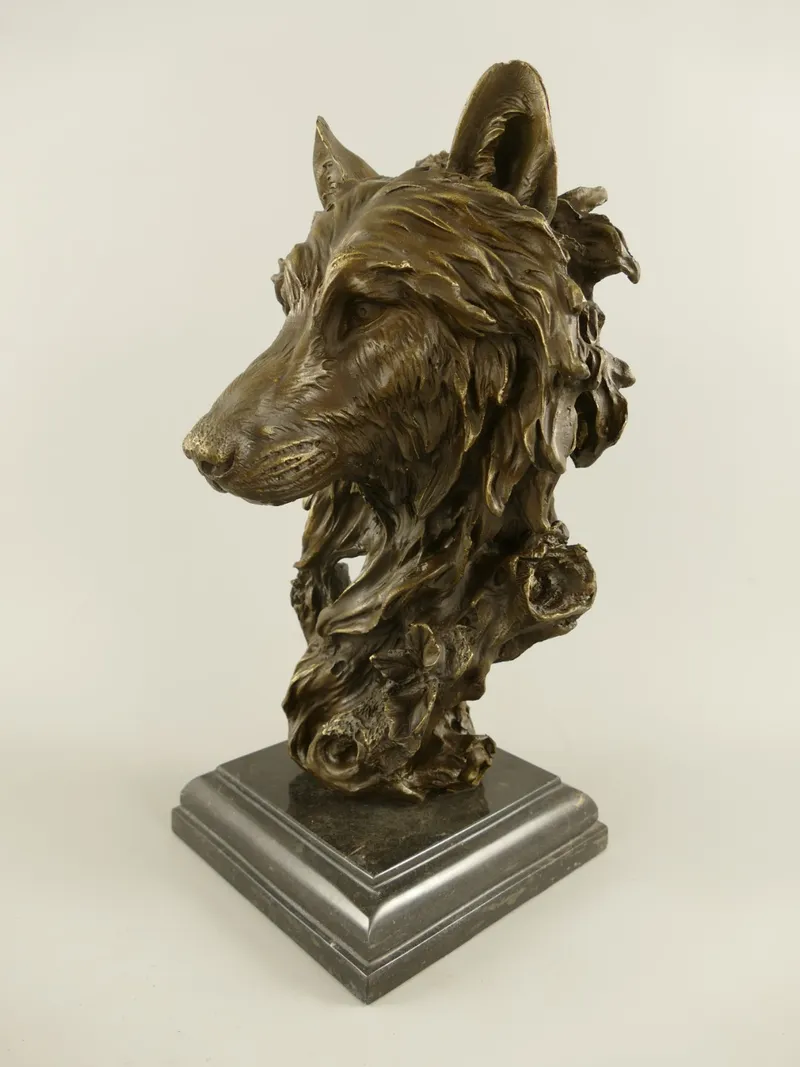 Bronzen buste wolvenkop op marmeren sokkel 36 cm - 122.724