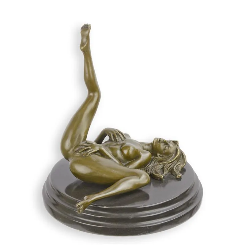 Erotisch bronzen beeld liggende naakte vrouw met geheven been 20 cm - EC-14