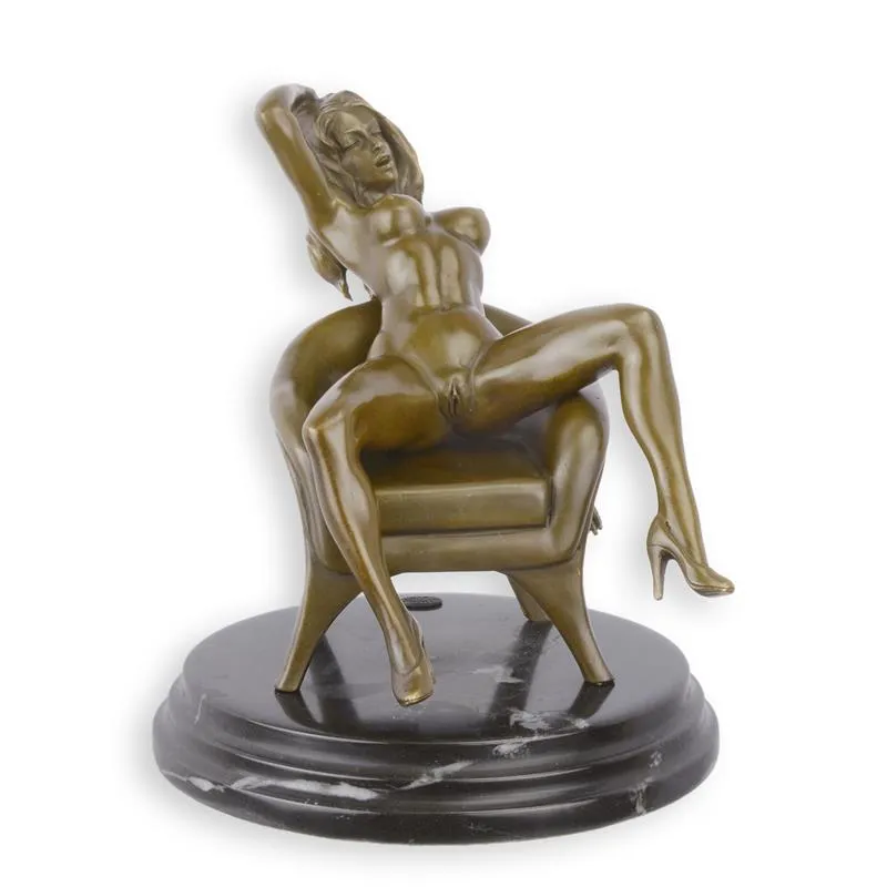 Erotisch bronzen beeld naakte vrouw in fauteuil op marmer 19,7 cm - EC-16