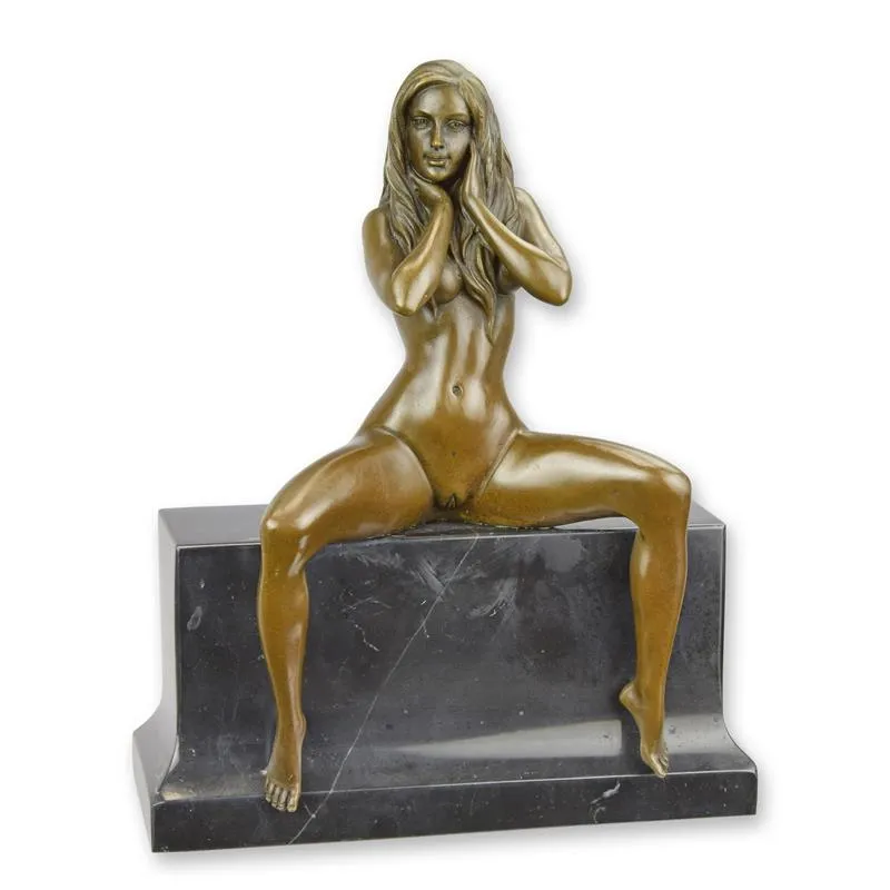 Erotisch bronzen beeld zittende naakte vrouw op marmer 25,5 cm - FA-69