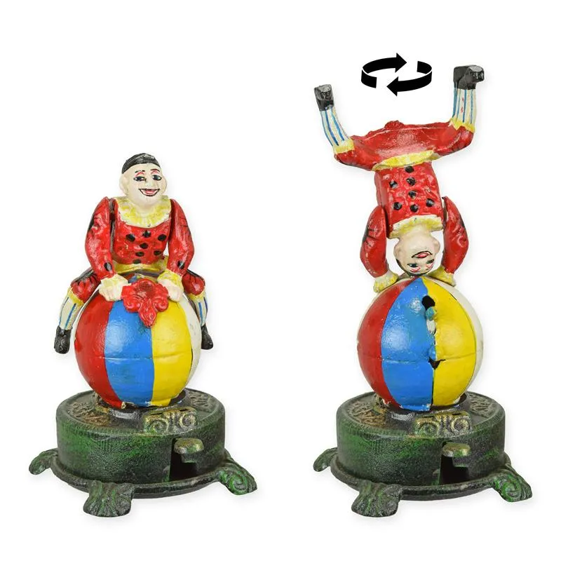 Gietijzeren mechanische spaarpot clown op bal 23 cm - DSML-35