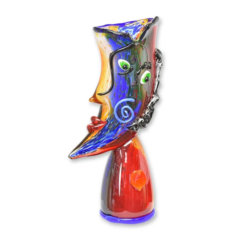 Glazen vaas gezicht en profiel blauw-rood Murano-stijl 50,2 cm - MG-203