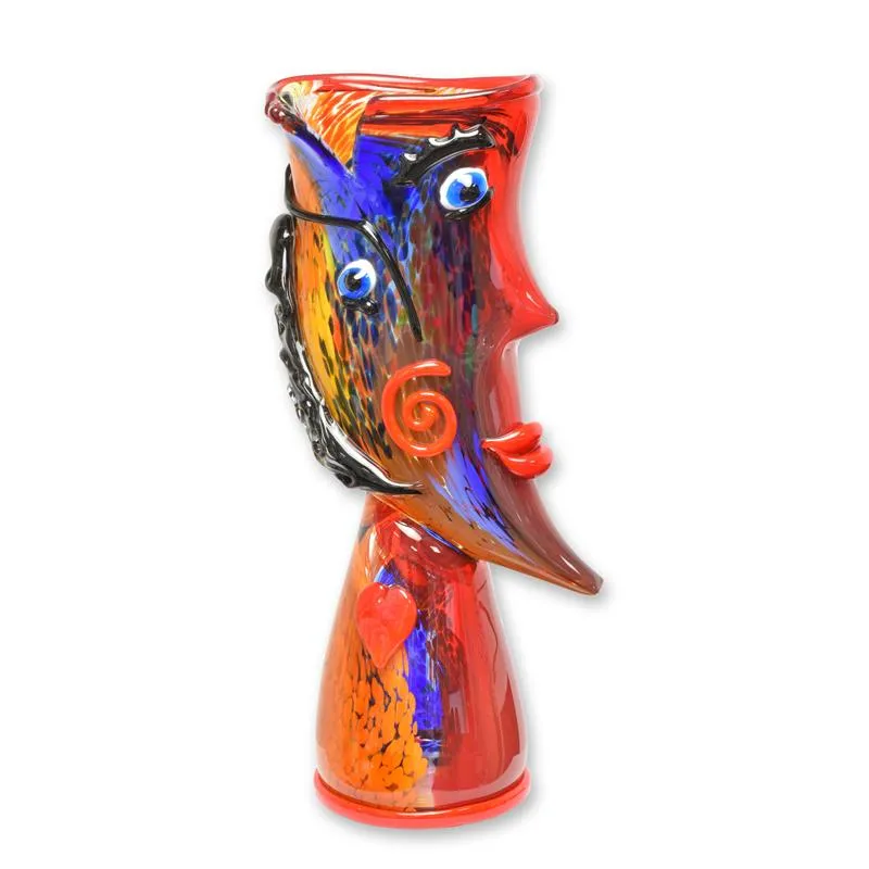 Glazen vaas gezicht en profiel rood-oranje Murano-stijl 50,5 cm - MG-204