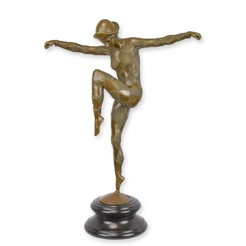 Groot bronzen art-decobeeld harlekijndanseres op marmer 70 cm - DC-41