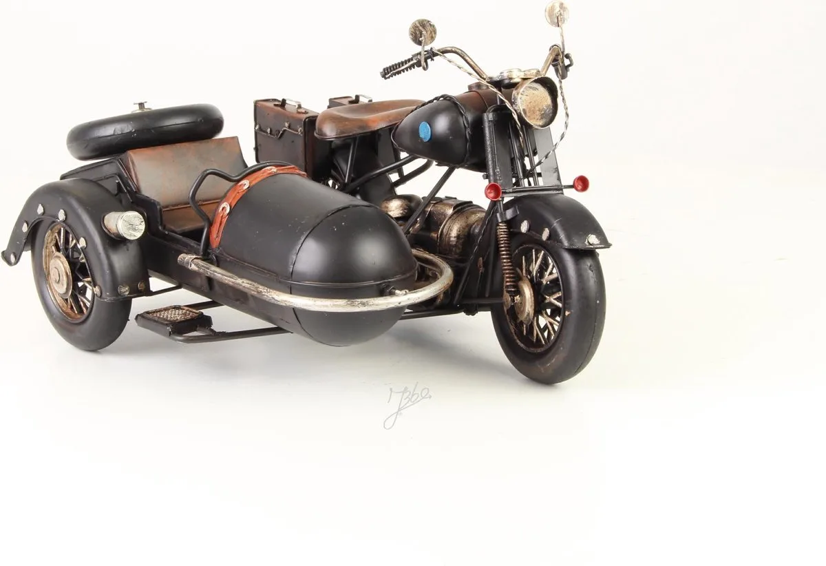 MadDeco blikken klassieke motor met zijspan zwart metaal retro 32x25x18 cm - 8719831571529