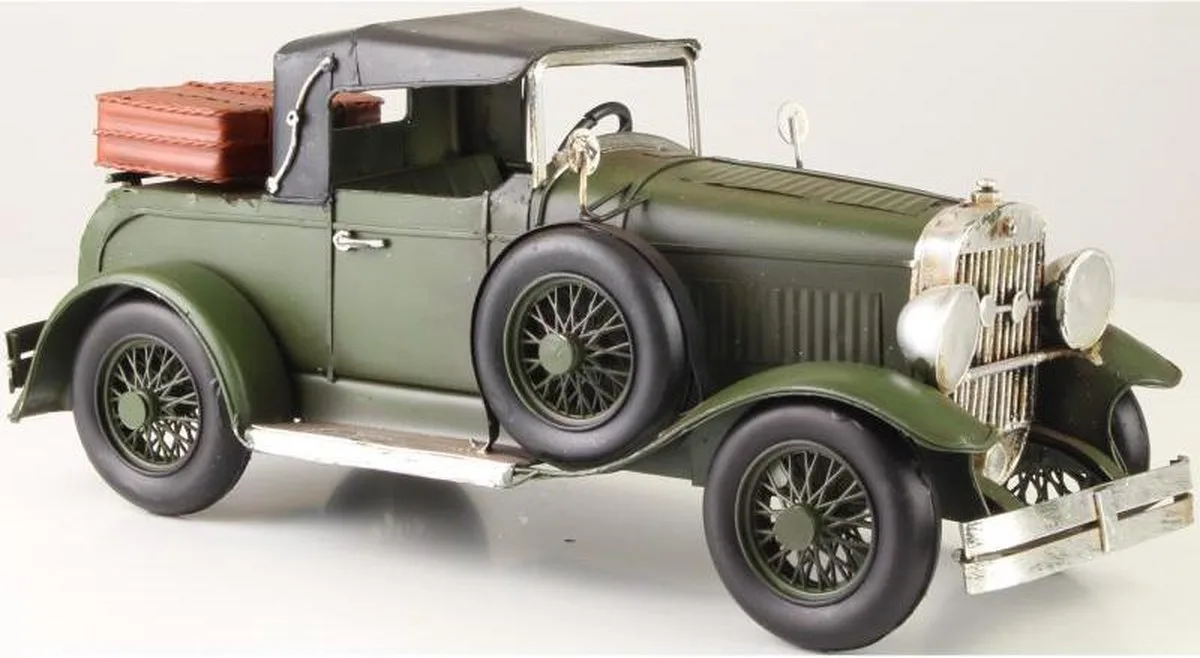 MadDeco blikken oldtimer tweezitter groen met bagagerek 34 cm - 8719831571413