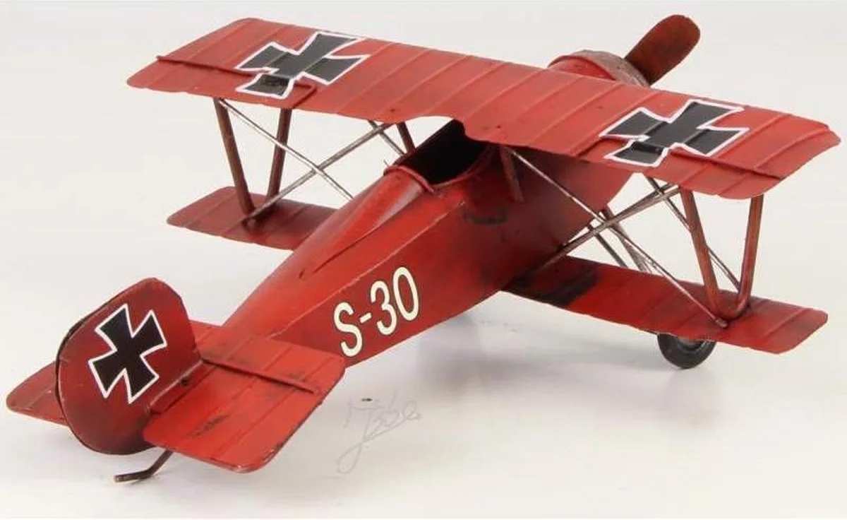 MadDeco blikken Red Baron dubbeldekker WWI vliegtuig rood metaal 24x25x8,6 cm - 8719831571505