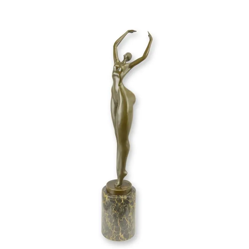 Modern bronzen beeld vrouwelijk naakt op marmeren zuil 48 cm - SL-101