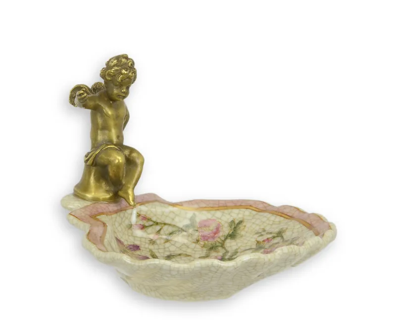 Porseleinen zeepbakje met bronzen engeltje en rozendecor 11 cm - BB-79