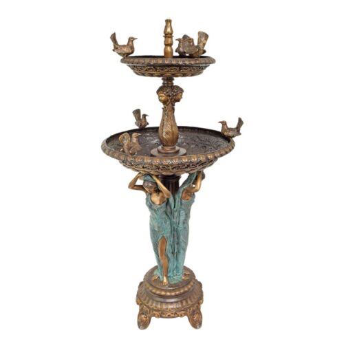 Tweeledig bronzen fontein met elegante wateruitloop