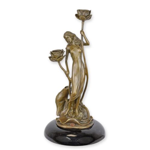 Bronzen art nouveau kaarsenhouder met elegante bloemenmotieven