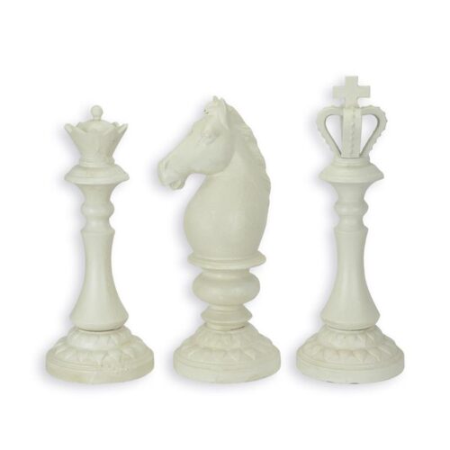 Set van 3 antieke witte gietijzeren schaakstukken