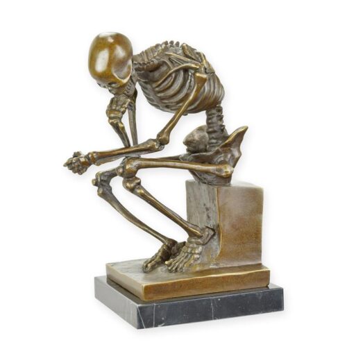 Bronzen sculptuur van denkende skeletonen met moderne uitstraling